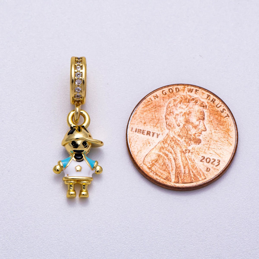 16K Gold Filled 15mm Pink, Blue Enamel Little Girl Boy Micro Paved CZ Rondelle Drop Pendant | Charms-00622 Charms-00623