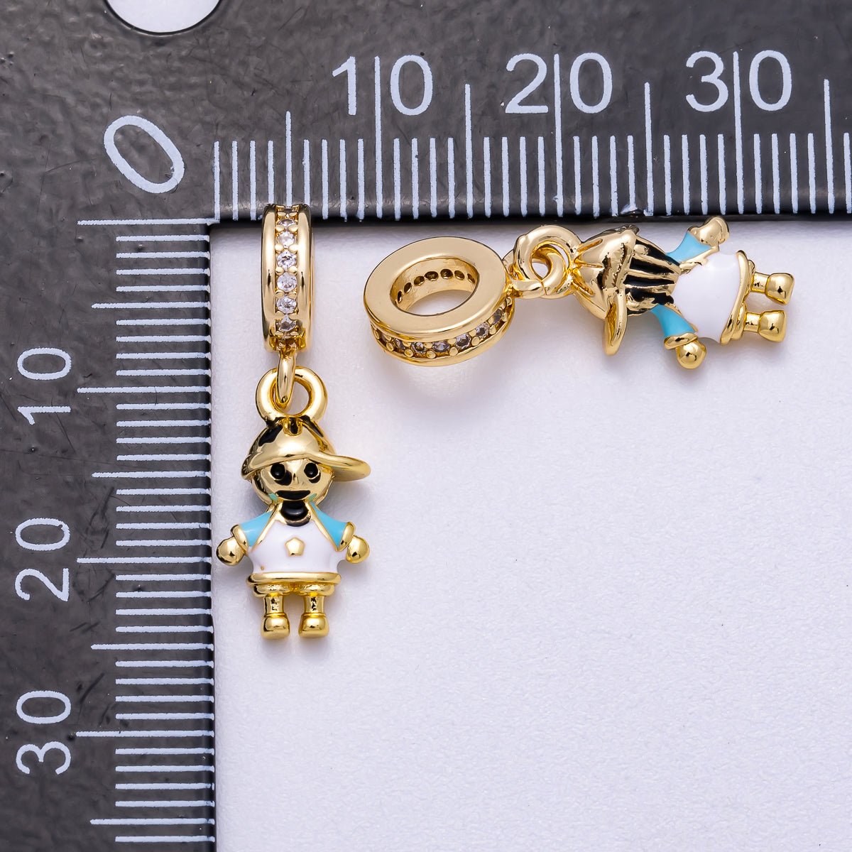 16K Gold Filled 15mm Pink, Blue Enamel Little Girl Boy Micro Paved CZ Rondelle Drop Pendant | Charms-00622 Charms-00623