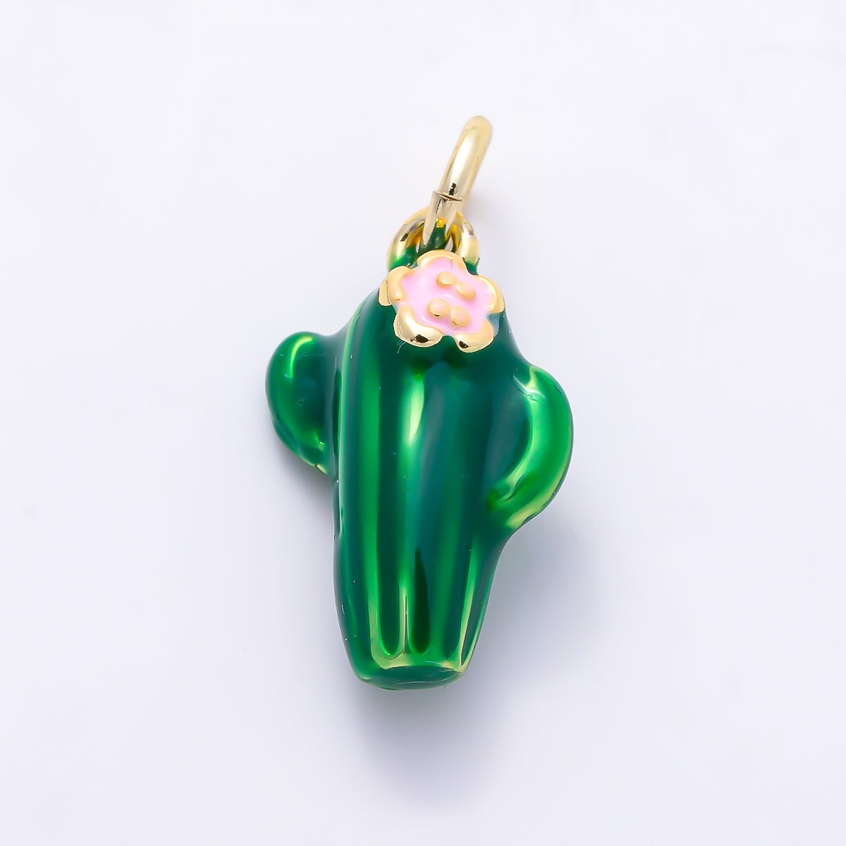 16K Gold Filled 15mm Pink Flower Green Enamel Plant Cactus Charm | Charms-01511
