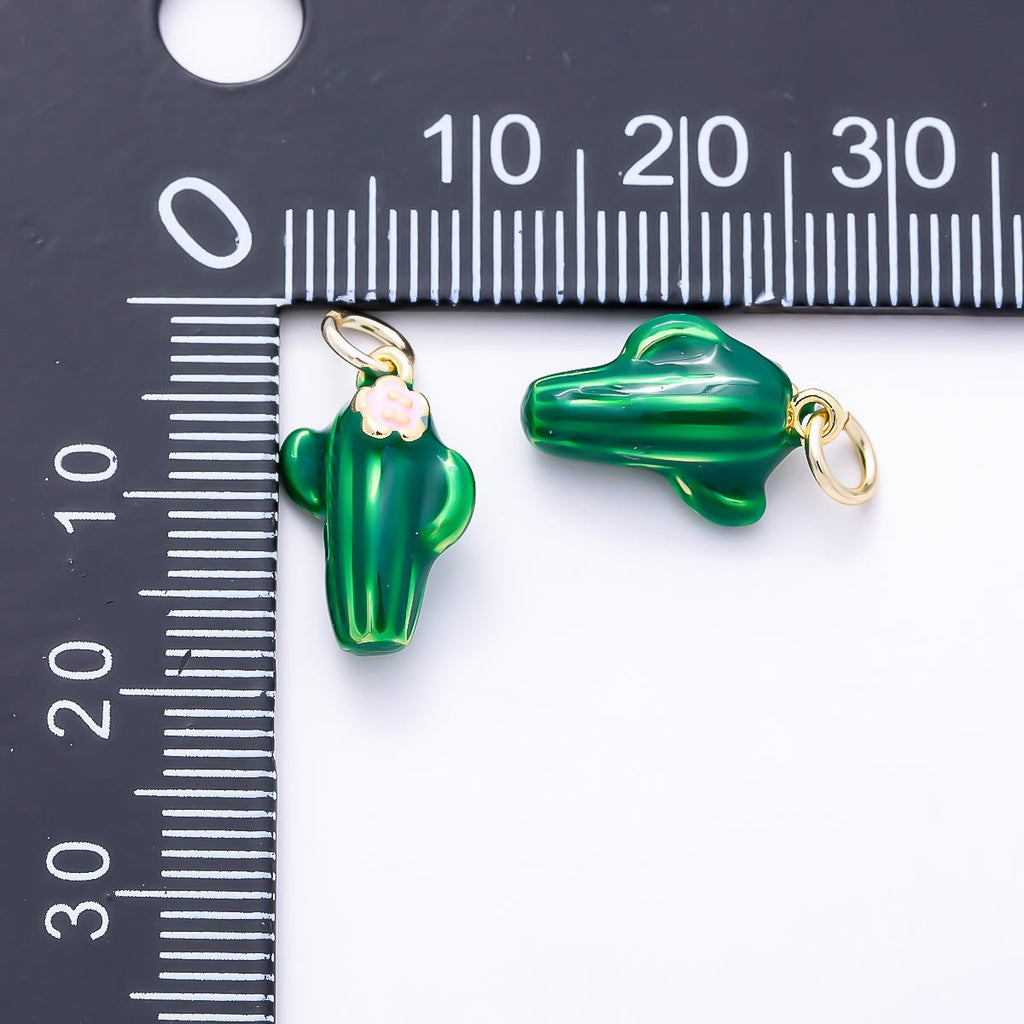 16K Gold Filled 15mm Pink Flower Green Enamel Plant Cactus Charm | Charms-01511
