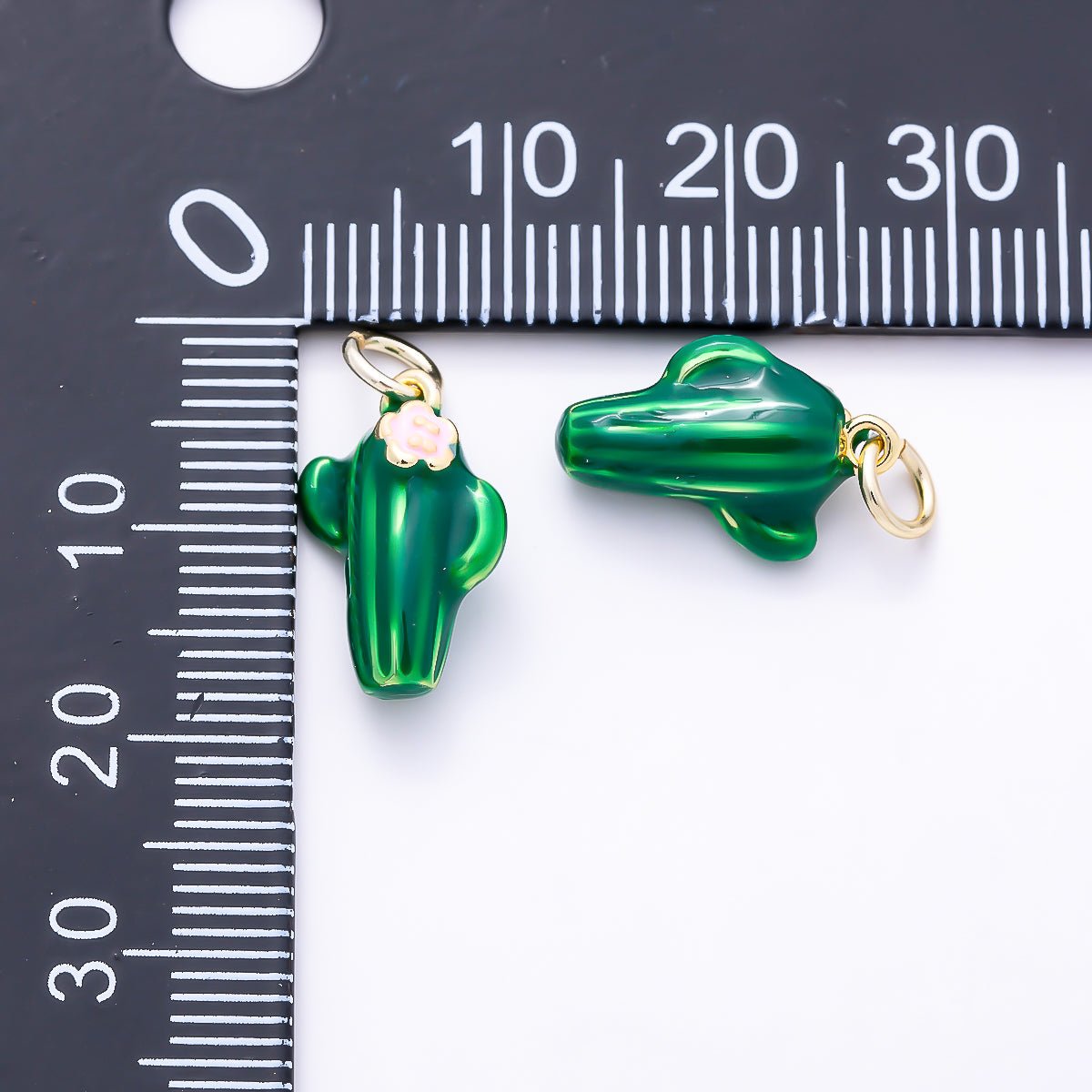16K Gold Filled 15mm Pink Flower Green Enamel Plant Cactus Charm | Charms-01511