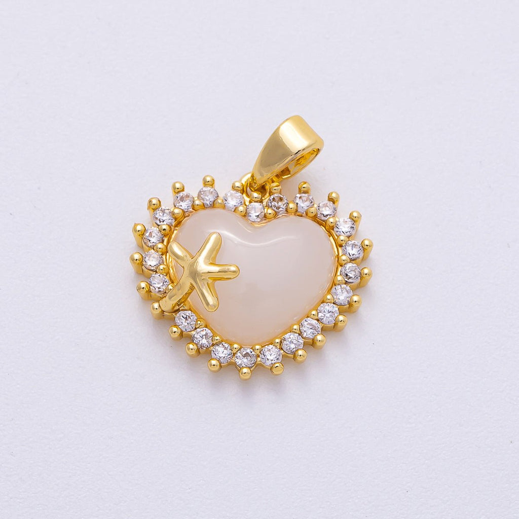 16K Gold Filled 15mm White, Pink, Blue Opal Micro Paved CZ Starfish Heart Pendant | Charms-00483 ~ Charms-00485