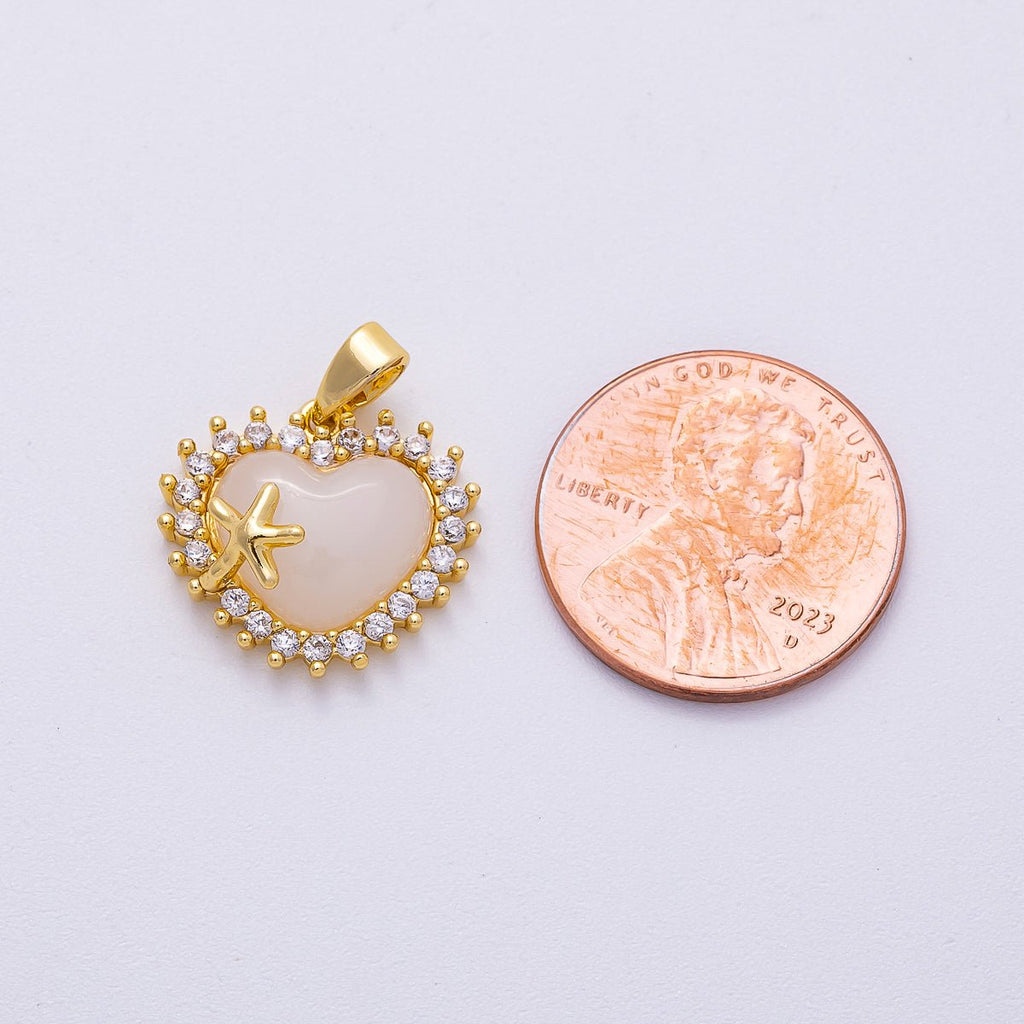 16K Gold Filled 15mm White, Pink, Blue Opal Micro Paved CZ Starfish Heart Pendant | Charms-00483 ~ Charms-00485