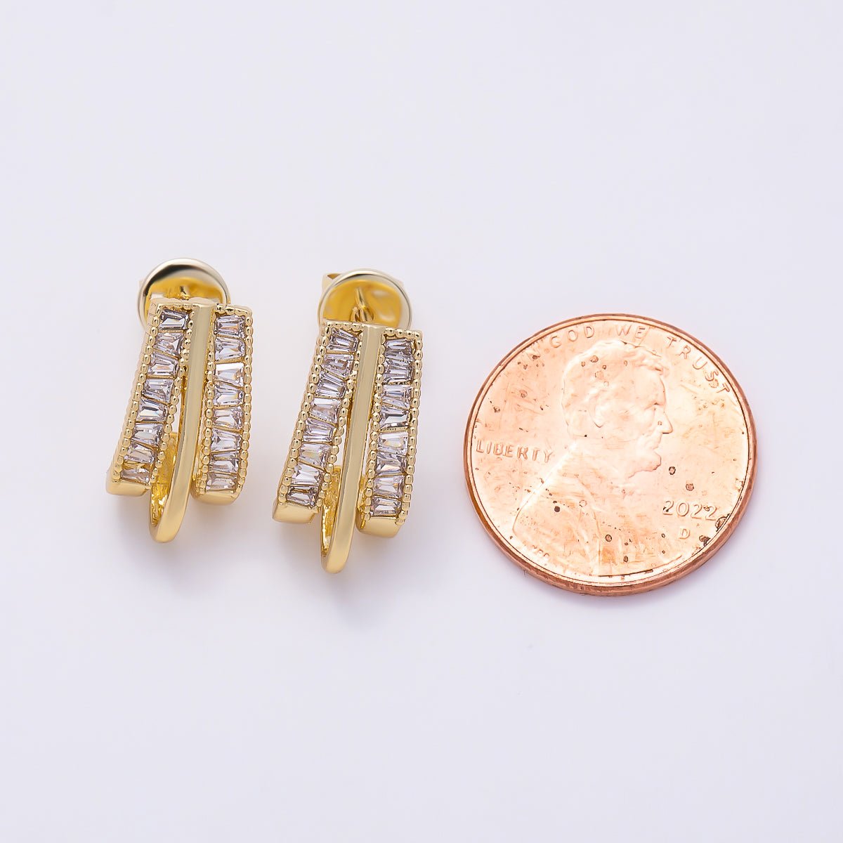 16K Gold Filled 16.5mm Baguette Triple Band J-Shaped Hoop Earrings | Earrings-00720