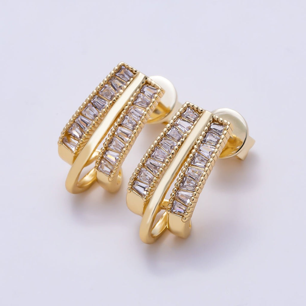 16K Gold Filled 16.5mm Baguette Triple Band J-Shaped Hoop Earrings | Earrings-00720