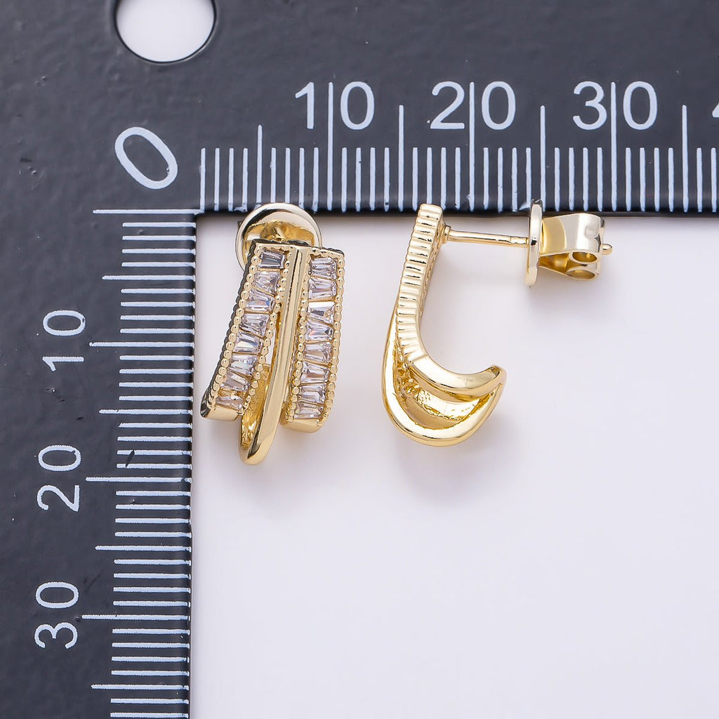 16K Gold Filled 16.5mm Baguette Triple Band J-Shaped Hoop Earrings | Earrings-00720