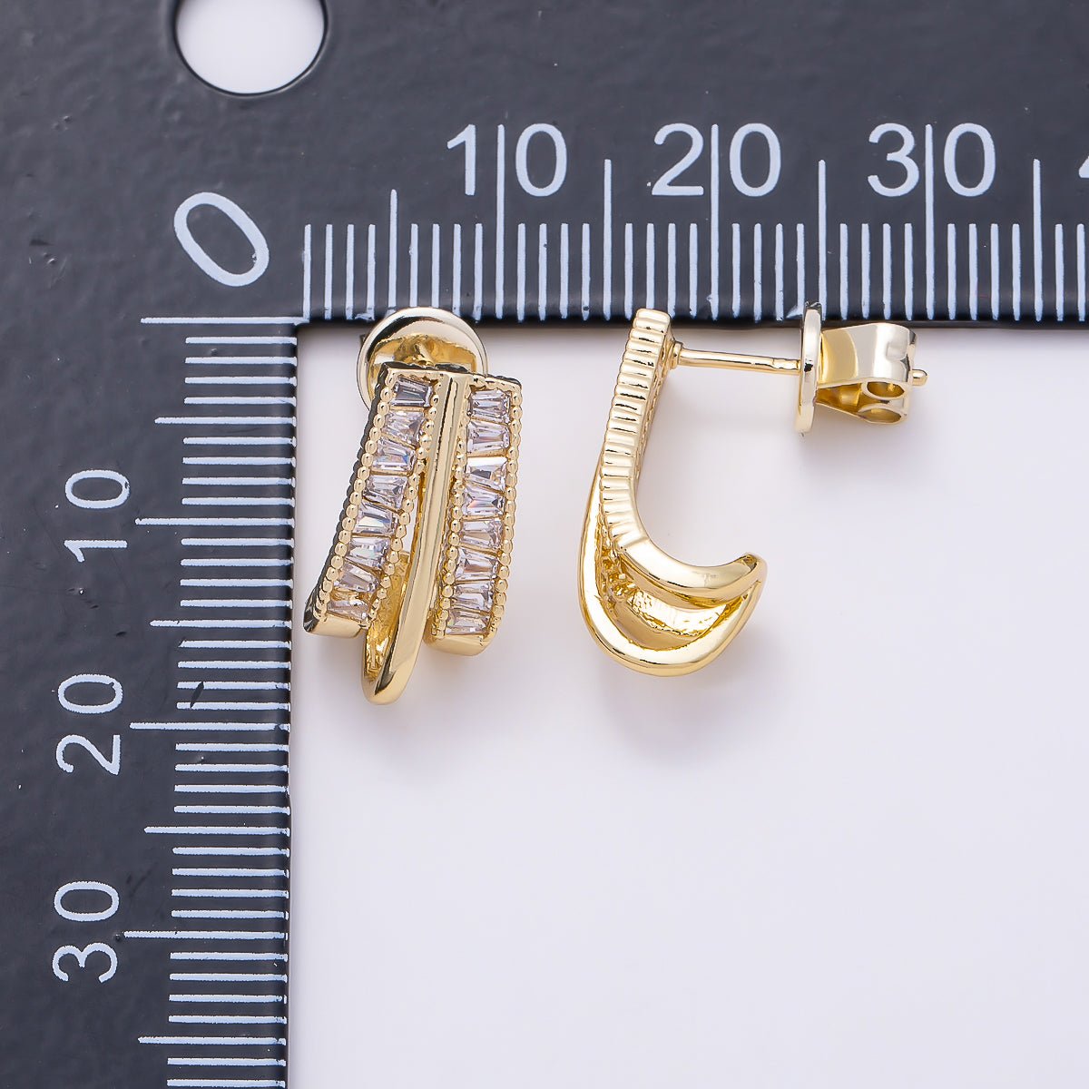 16K Gold Filled 16.5mm Baguette Triple Band J-Shaped Hoop Earrings | Earrings-00720