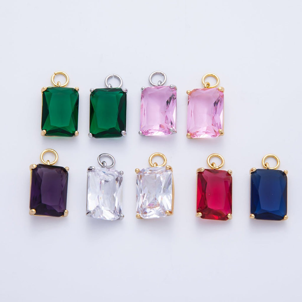 16K Gold Filled 16.5mm Green, Pink, Clear, Red, Blue, Purple Baguette CZ Charm in Gold & Silver | Charms-00294 ~ Charms-00302