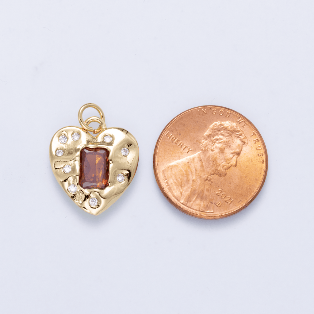 16K Gold Filled 16.5mm Red Baguette CZ Dotted Hammered Heart Charm | Charms-01268