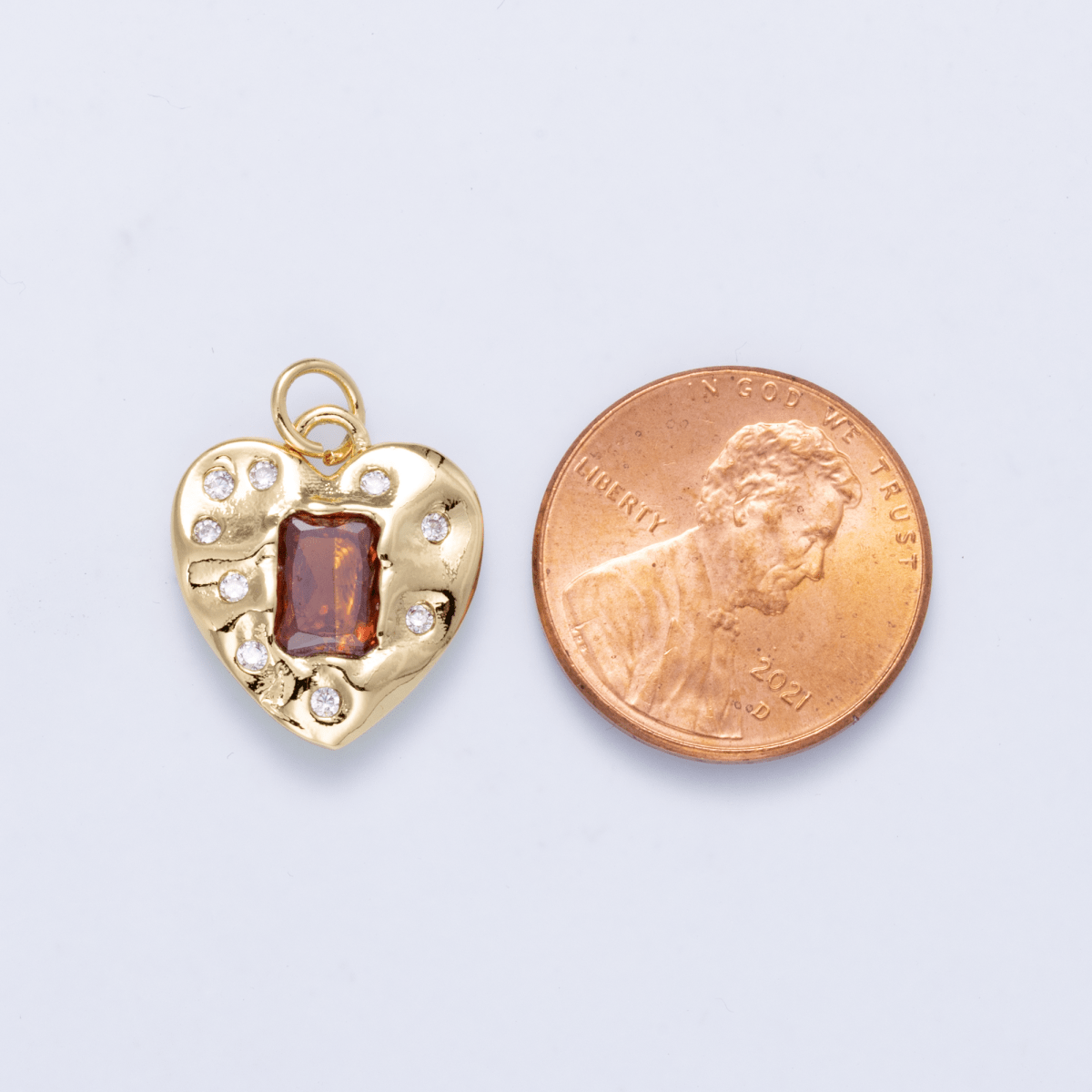 16K Gold Filled 16.5mm Red Baguette CZ Dotted Hammered Heart Charm | Charms-01268