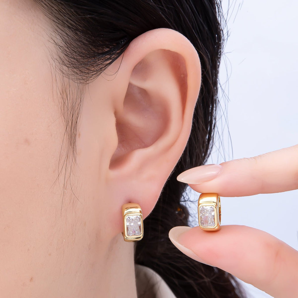 16K Gold Filled 16mm Baguette CZ Wide Huggie Hoop Earrings | Earrings-00365