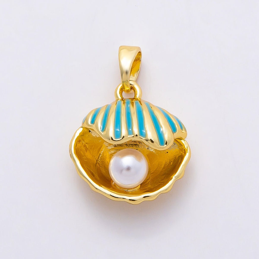 16K Gold Filled 16mm Blue Enamel Shell Pearl Clam Shell Pendant | Charms-00809