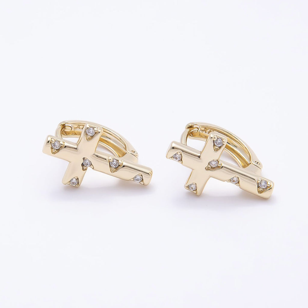 16K Gold Filled 16mm Clear CZ Dotted Cross Huggie Hoop Earrings | Earrings-00392