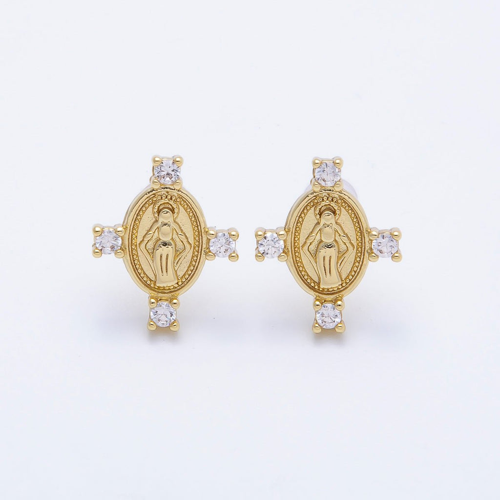 16K Gold Filled 16mm Micro Paved CZ Mother Mary Oval Religious Stud Earrings | Earrings-00348