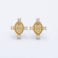 16K Gold Filled 16mm Micro Paved CZ Mother Mary Oval Religious Stud Earrings | Earrings-00348