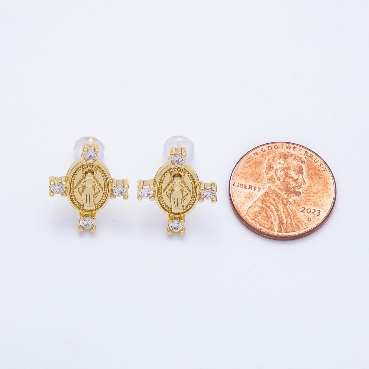 16K Gold Filled 16mm Micro Paved CZ Mother Mary Oval Religious Stud Earrings | Earrings-00348