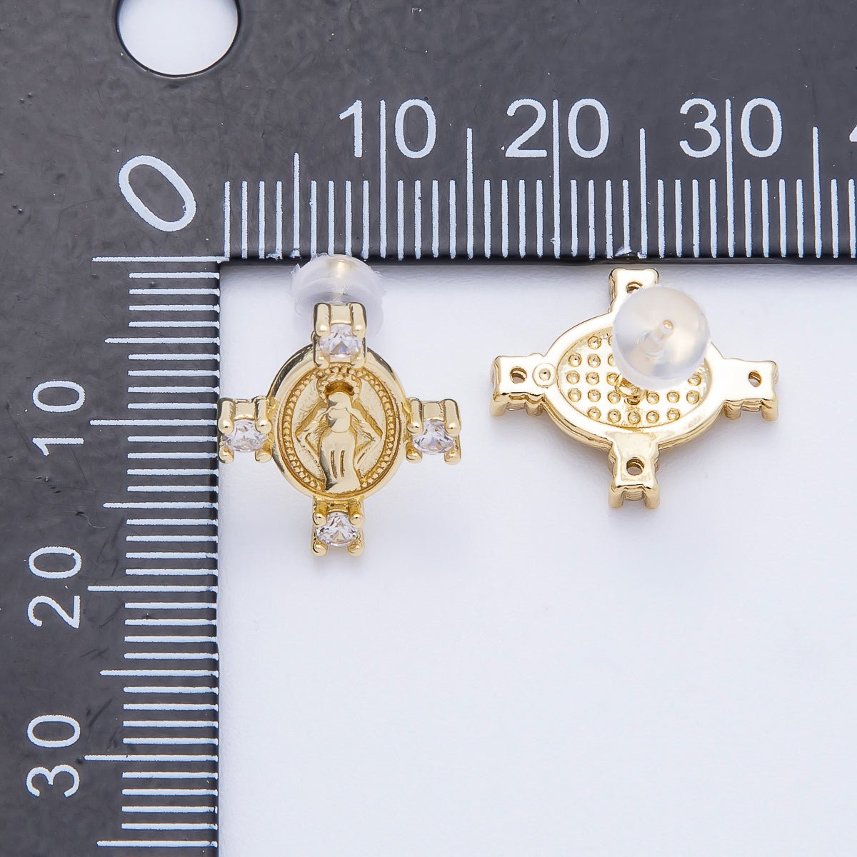 16K Gold Filled 16mm Micro Paved CZ Mother Mary Oval Religious Stud Earrings | Earrings-00348