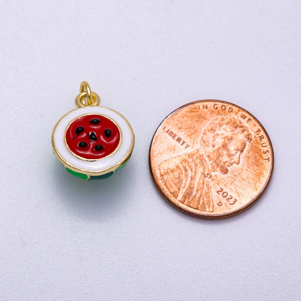 16K Gold Filled 16mm Red Enamel Watermelon 3D Multidimensional Fruit Charm | Charms-00568