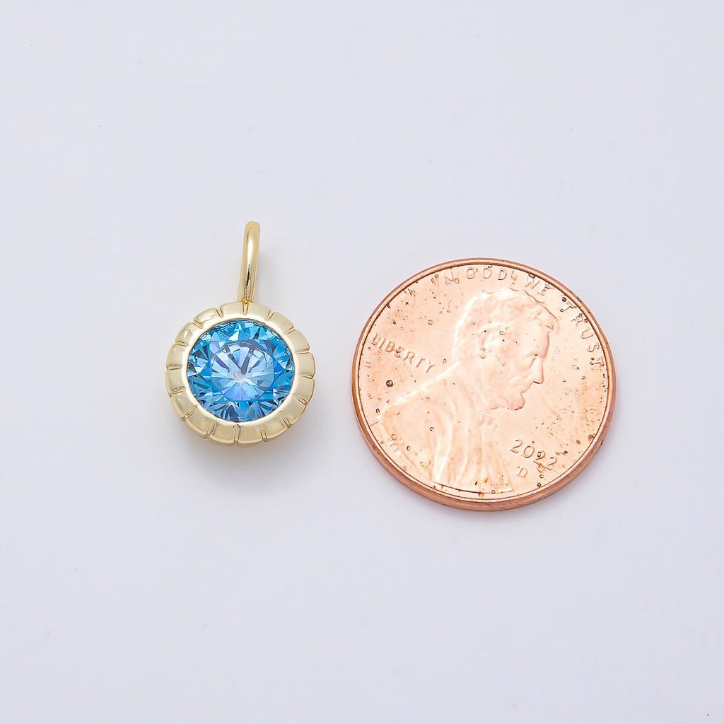 16K Gold Filled 17mm Birthstone Round CZ Ribbed Bezel Mini Pendant | Charms-01113 ~ Charms-01124