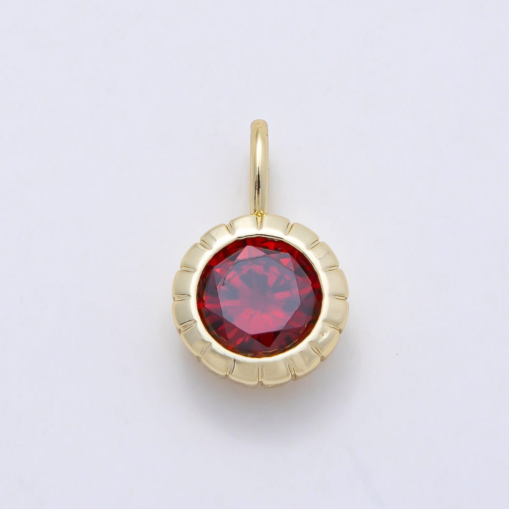16K Gold Filled 17mm Birthstone Round CZ Ribbed Bezel Mini Pendant | Charms-01113 ~ Charms-01124