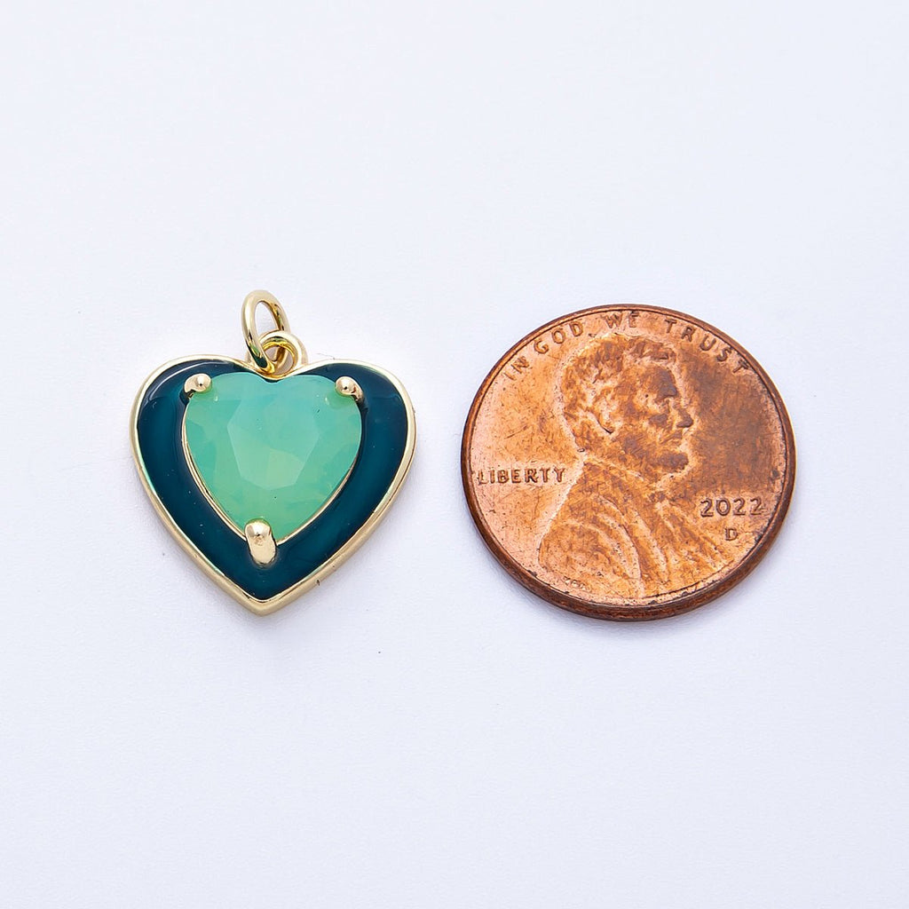 16K Gold Filled 17mm Blue Teal Turquoise CZ Enamel Heart Charm | Charms-00387