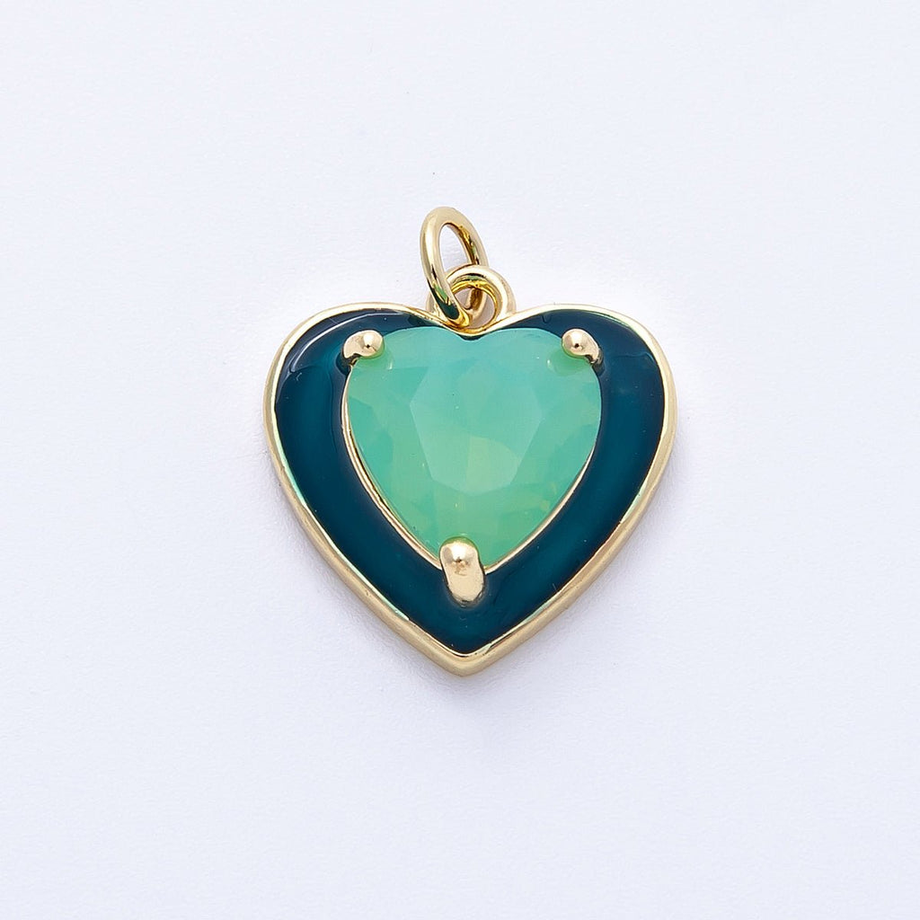 16K Gold Filled 17mm Blue Teal Turquoise CZ Enamel Heart Charm | Charms-00387