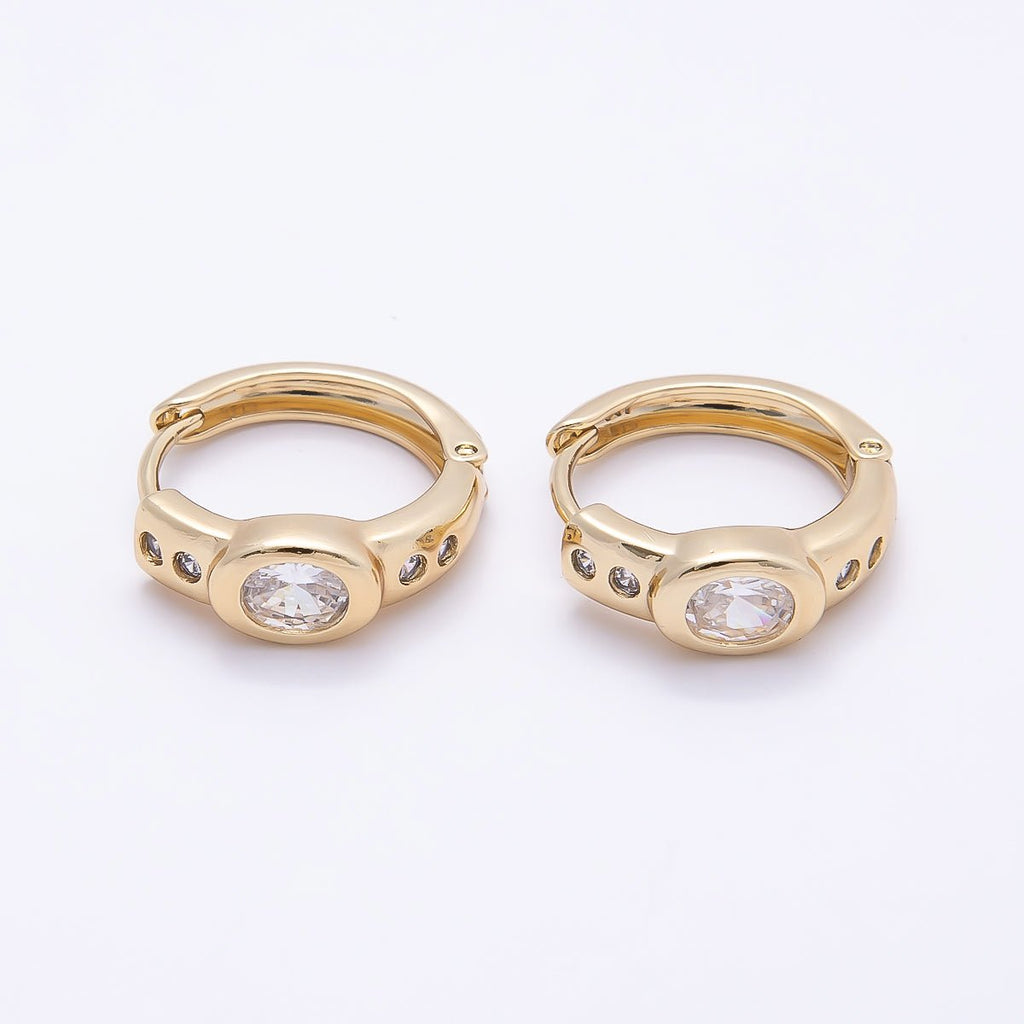 16K Gold Filled 17mm Clear CZ Oval Dotted Huggie Earrings | Earrings-00412