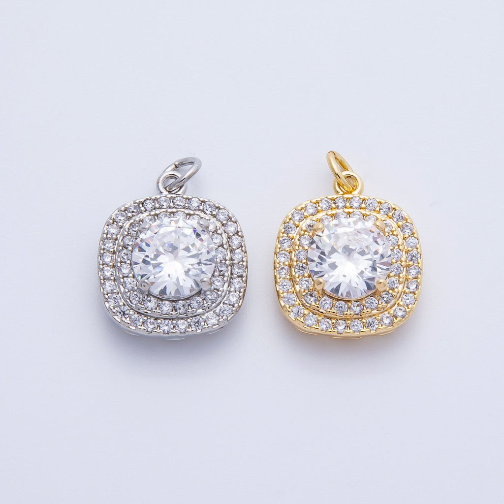 16K Gold Filled 17mm Clear Micro Paved CZ Round Square Charm in Gold & Silver | Charms-00289 Charms-00290
