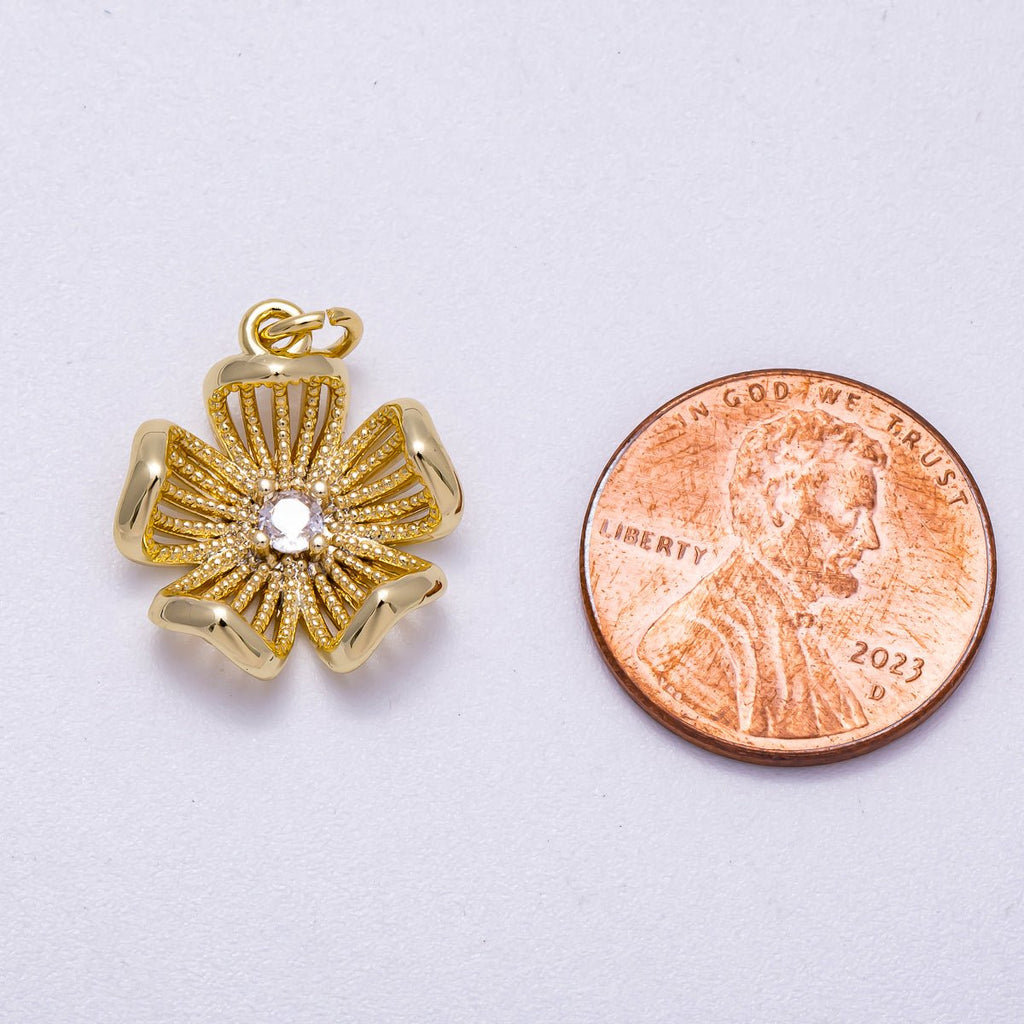 16K Gold Filled 17mm Micro Paved CZ Dotted Blooming Flower Charm | Charms-00630