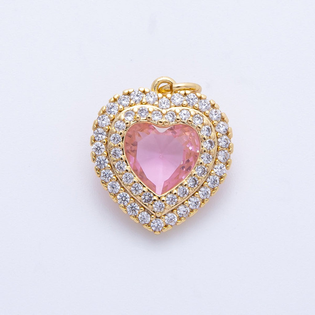 16K Gold Filled 17mm Pink, Clear, Green, Purple, Red, Blue Micro Paved CZ Heart Charm in Gold & Silver | Charms-00304 - Charms-00311