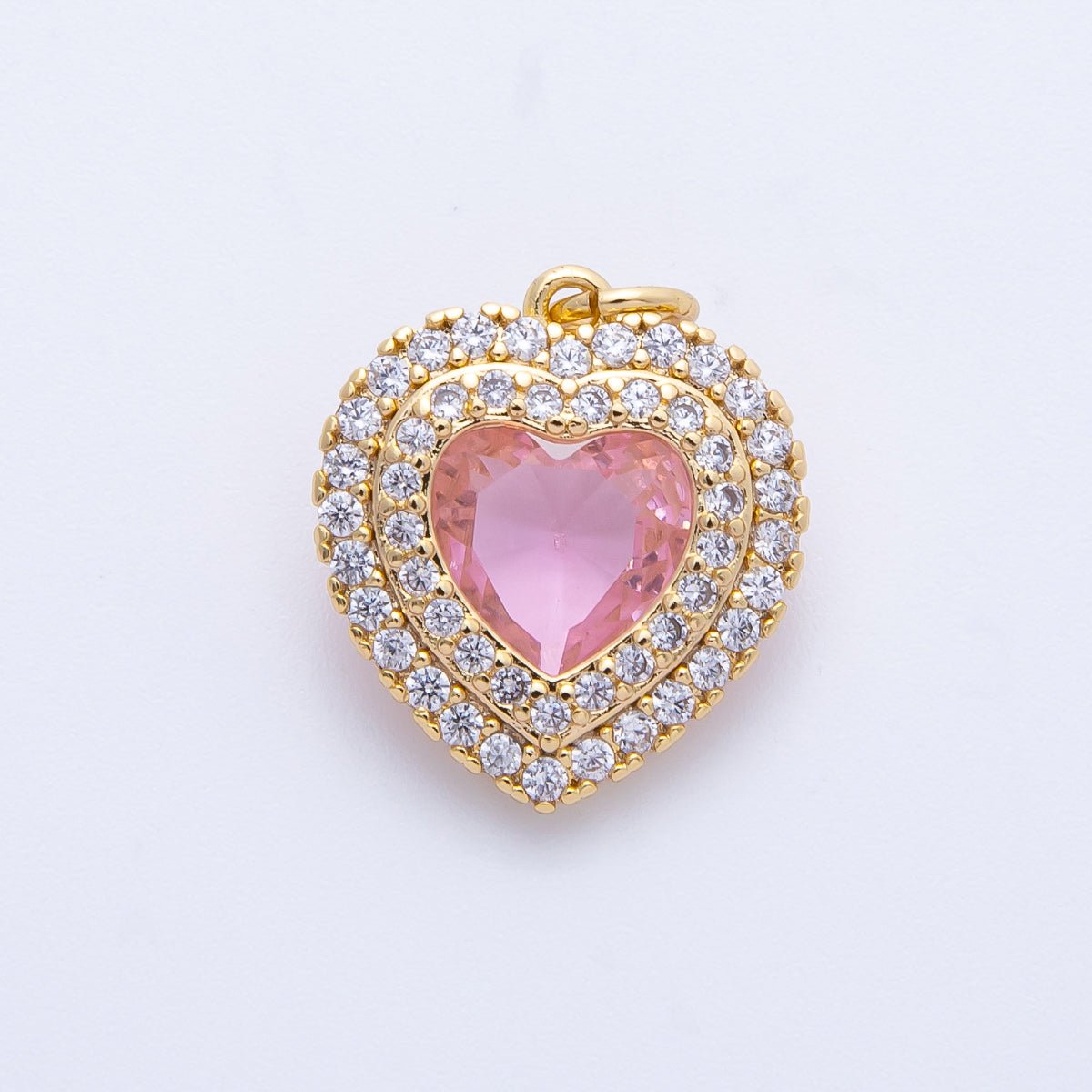 16K Gold Filled 17mm Pink, Clear, Green, Purple, Red, Blue Micro Paved CZ Heart Charm in Gold & Silver | Charms-00304 - Charms-00311