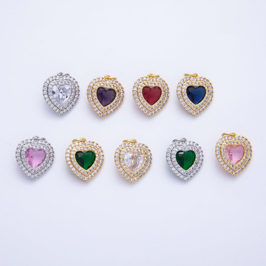 16K Gold Filled 17mm Pink, Clear, Green, Purple, Red, Blue Micro Paved CZ Heart Charm in Gold & Silver | Charms-00304 - Charms-00311