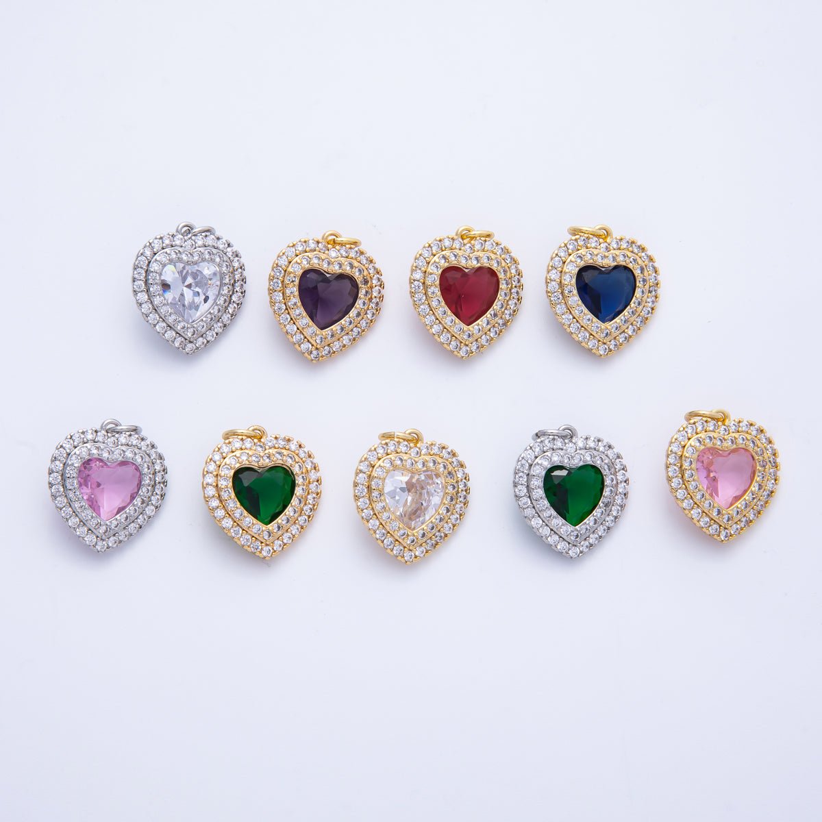16K Gold Filled 17mm Pink, Clear, Green, Purple, Red, Blue Micro Paved CZ Heart Charm in Gold & Silver | Charms-00304 - Charms-00311