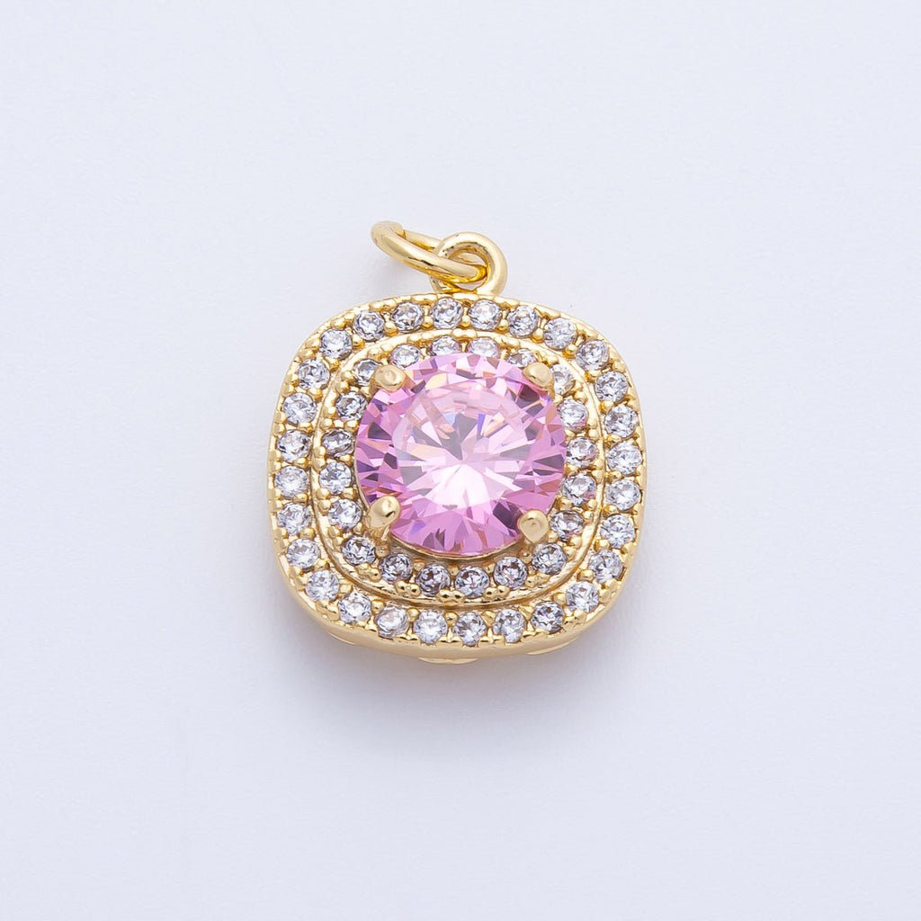 16K Gold Filled 17mm Pink Round Clear Micro Paved CZ Square Charm in Gold & Silver | Charms-00291 Charms-00292