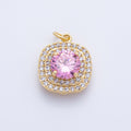 16K Gold Filled 17mm Pink Round Clear Micro Paved CZ Square Charm in Gold & Silver | Charms-00291 Charms-00292
