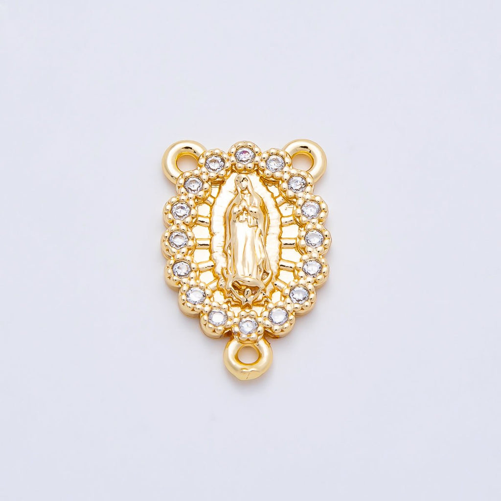 16K Gold Filled 18.5mm Mother Mary Lady of Guadalupe Micro Paved CZ Oval Rosary Center in Gold & Silver | Connectors-00028 Connectors-00029