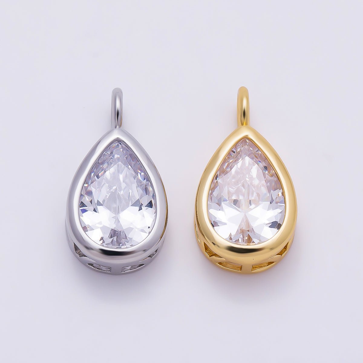 16K Gold Filled 18.5mm Teardrop CZ Bezel Solitaire Pendant in Gold & Silver | Charms-01376 Charms-01377