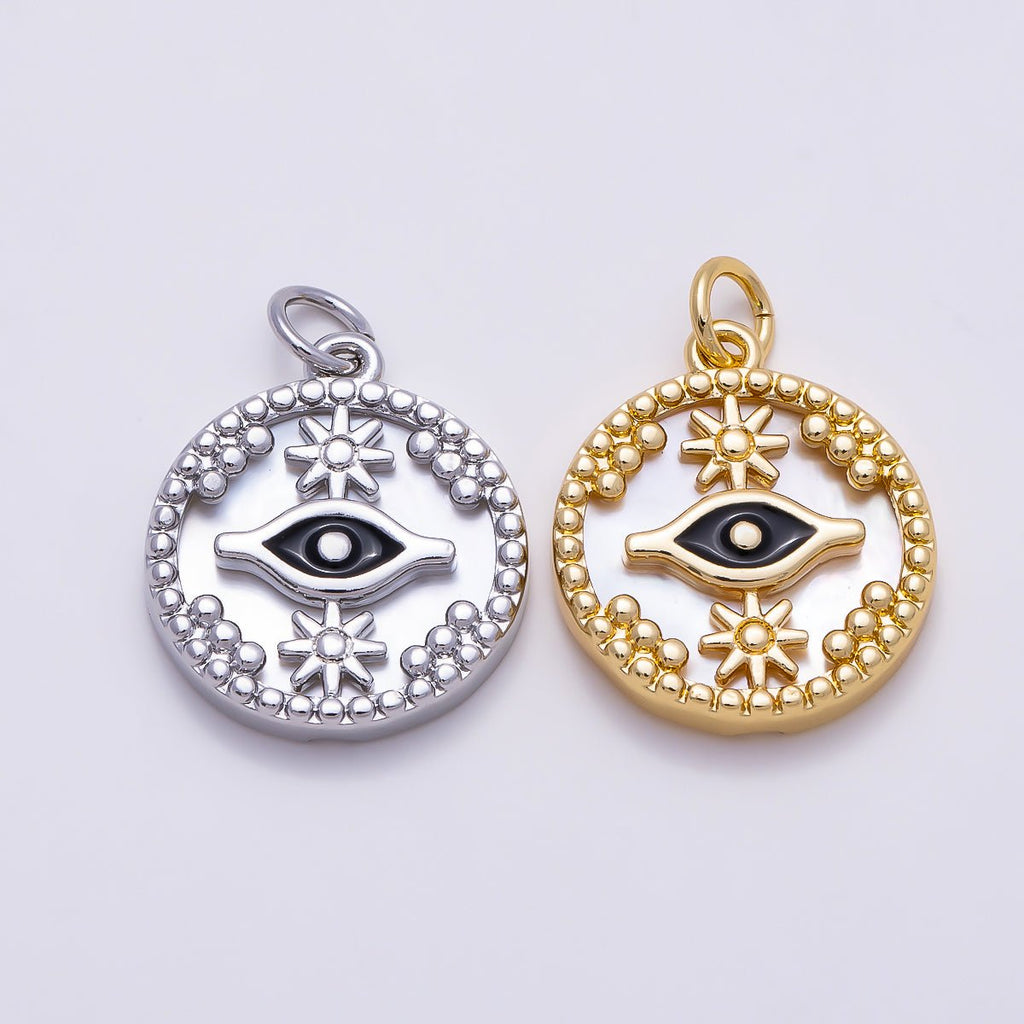 16K Gold Filled 18mm Black Evil Eye Star Shell Pearl Round Charm in Gold & Silver | Charms-01353