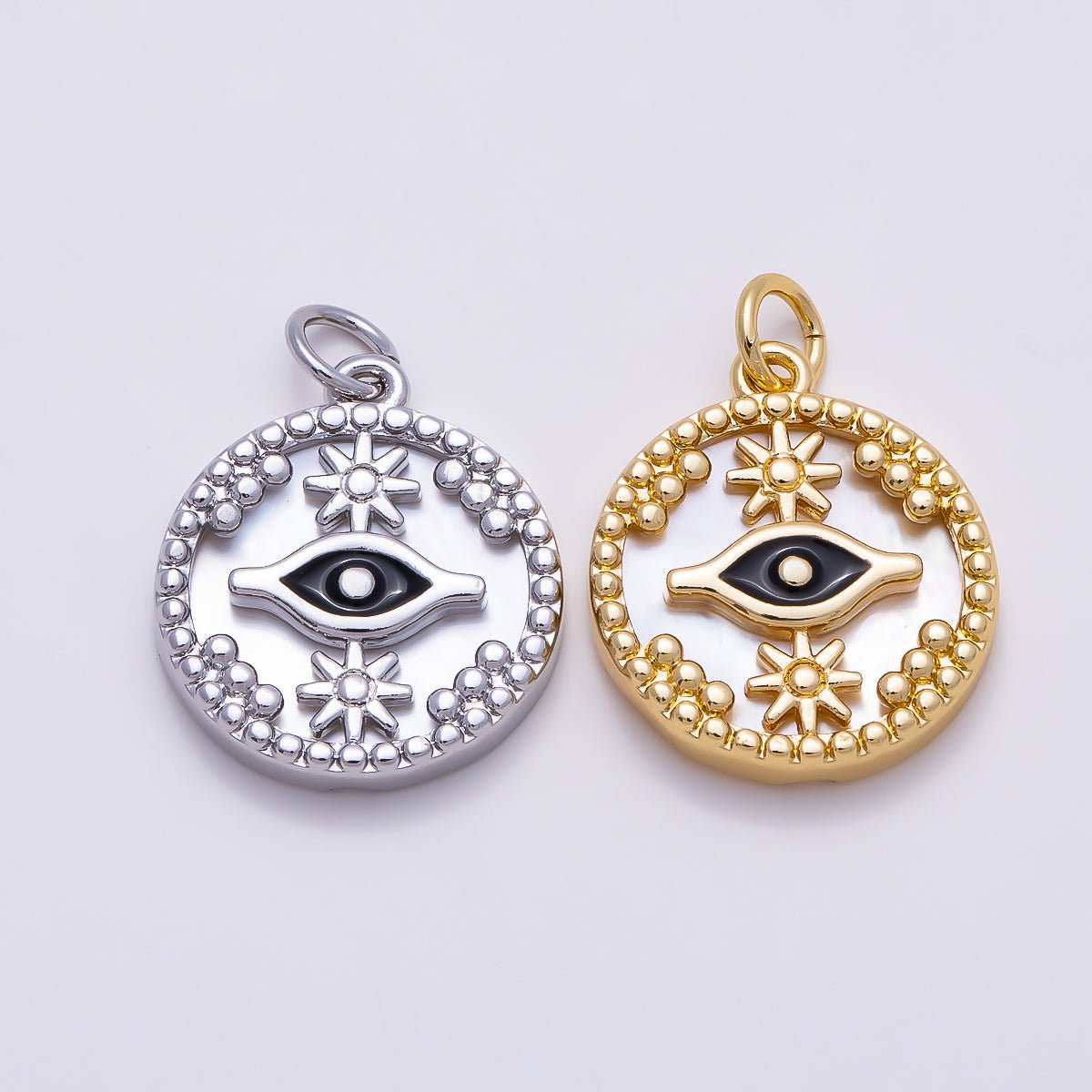16K Gold Filled 18mm Black Evil Eye Star Shell Pearl Round Charm in Gold & Silver | Charms-01353