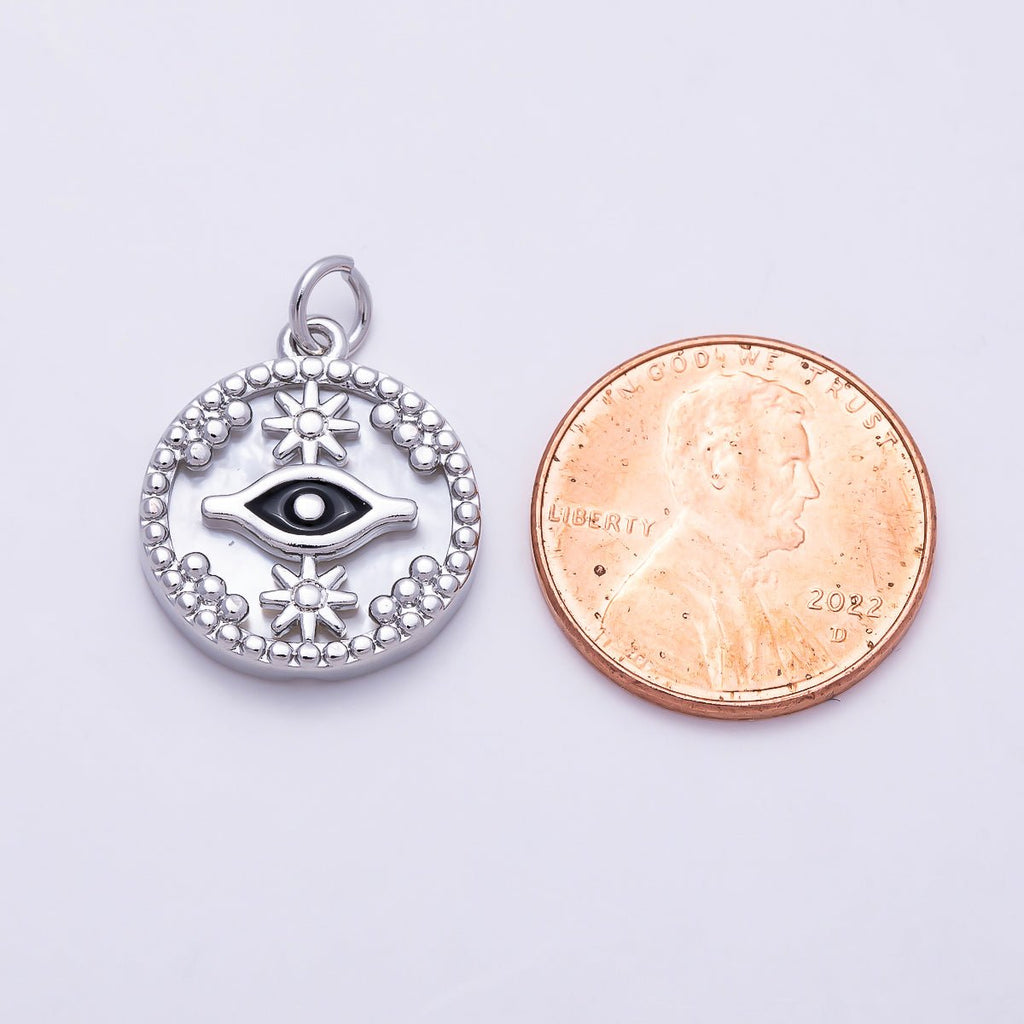 16K Gold Filled 18mm Black Evil Eye Star Shell Pearl Round Charm in Gold & Silver | Charms-01353