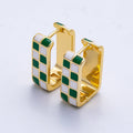 16K Gold Filled 18mm Checkered Enamel Square Huggie Earrings | Earrings-00309 ~ Earrings-00314