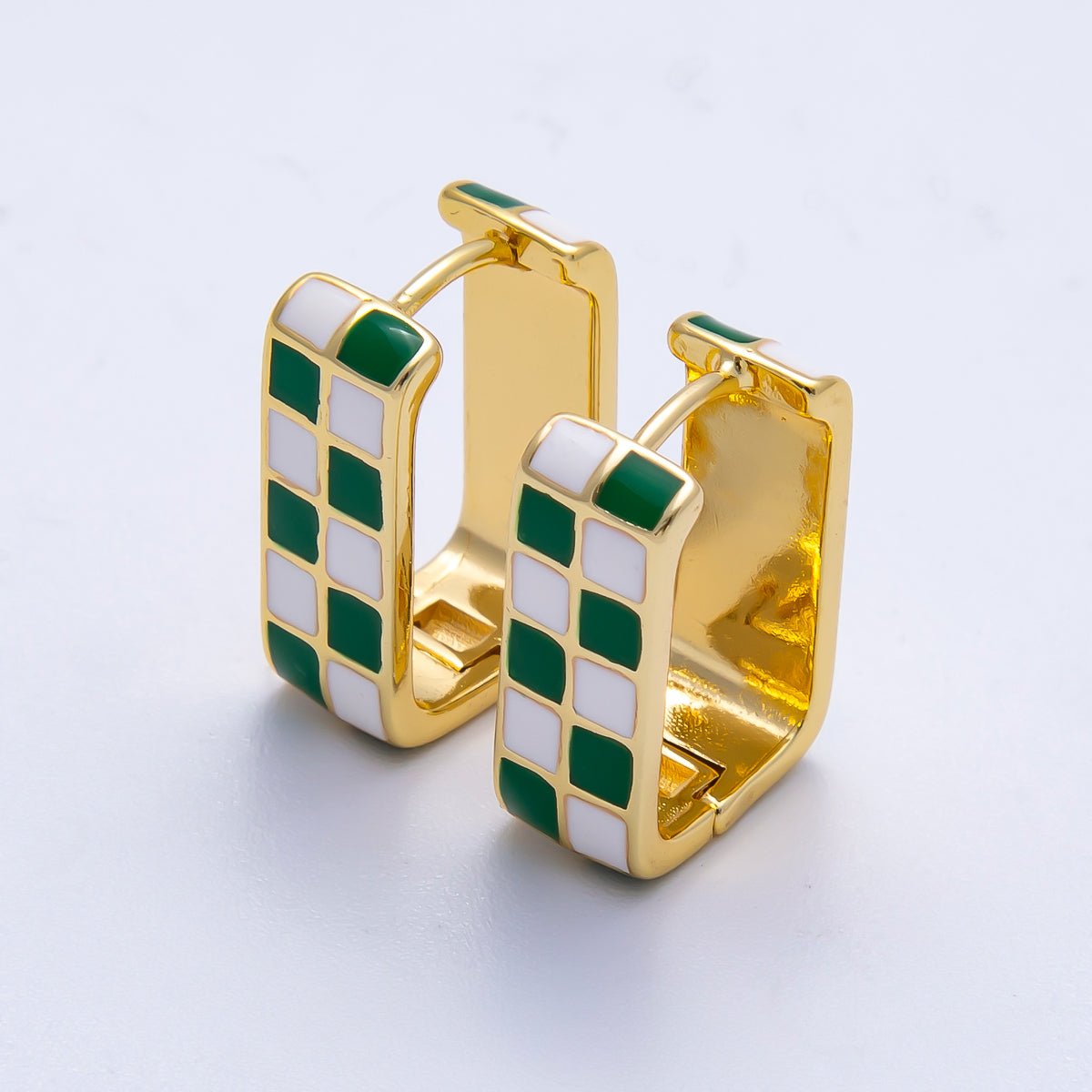 16K Gold Filled 18mm Checkered Enamel Square Huggie Earrings | Earrings-00309 ~ Earrings-00314