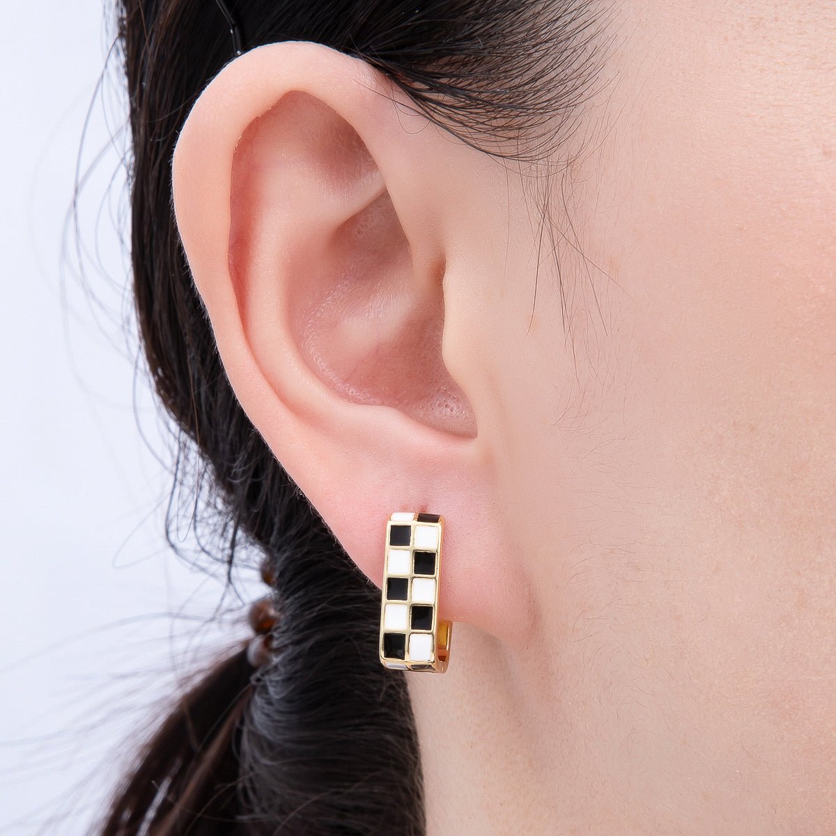 16K Gold Filled 18mm Checkered Enamel Square Huggie Earrings | Earrings-00309 ~ Earrings-00314