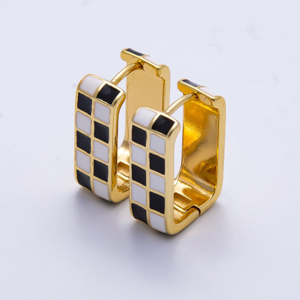 16K Gold Filled 18mm Checkered Enamel Square Huggie Earrings | Earrings-00309 ~ Earrings-00314