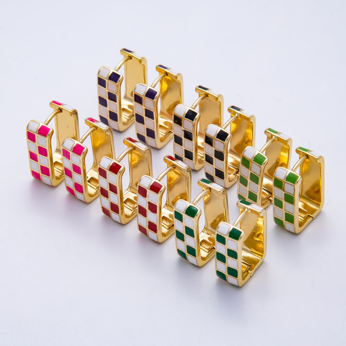 16K Gold Filled 18mm Checkered Enamel Square Huggie Earrings | Earrings-00309 ~ Earrings-00314