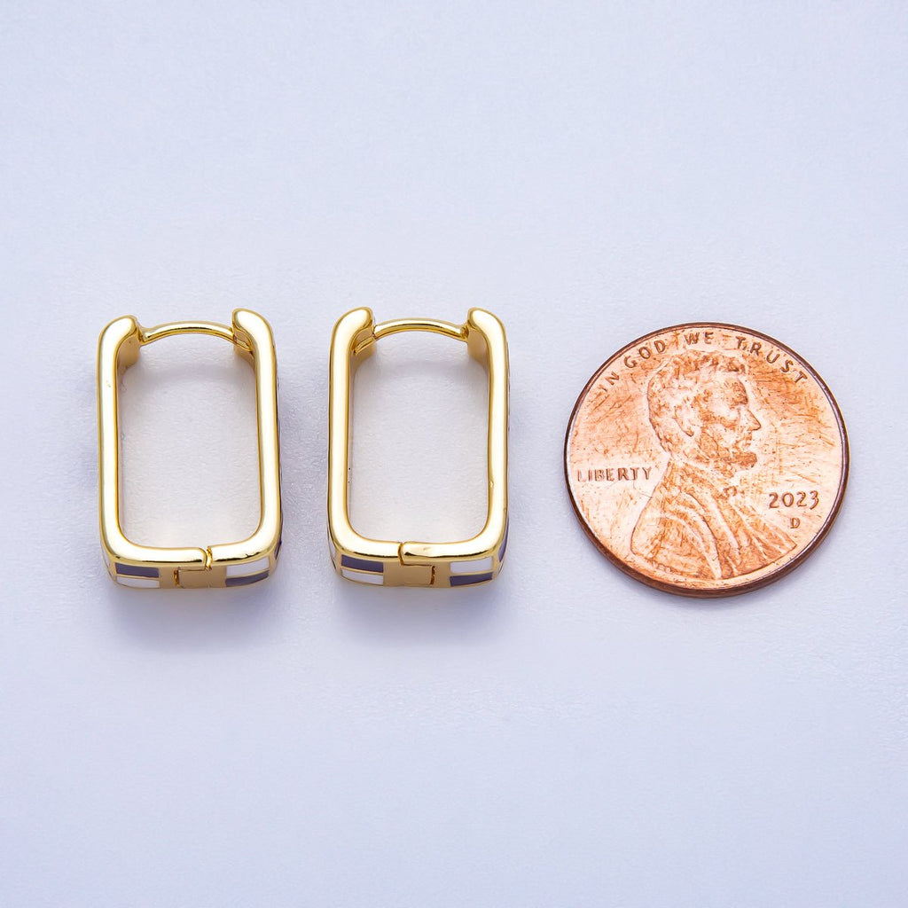 16K Gold Filled 18mm Checkered Enamel Square Huggie Earrings | Earrings-00309 ~ Earrings-00314