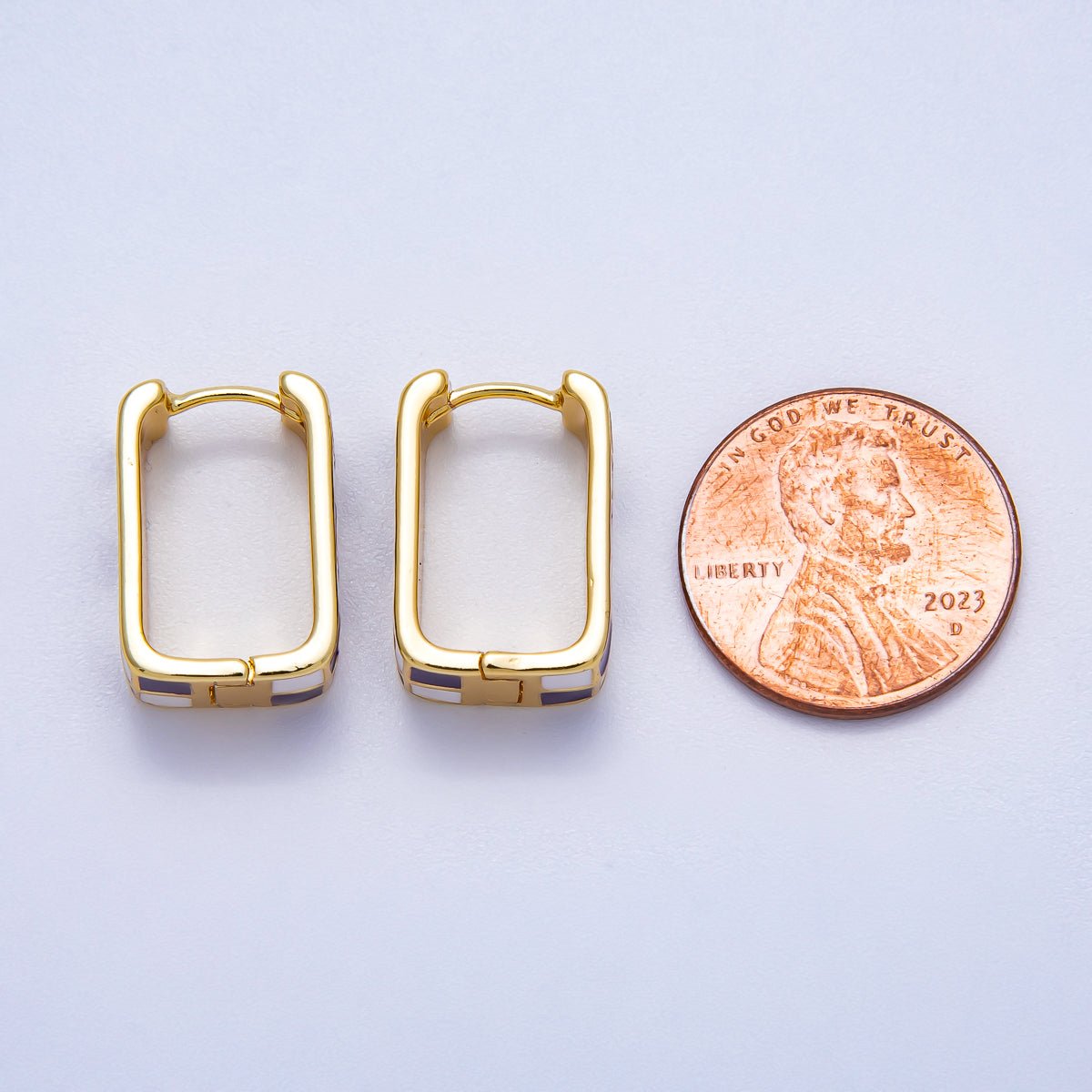 16K Gold Filled 18mm Checkered Enamel Square Huggie Earrings | Earrings-00309 ~ Earrings-00314