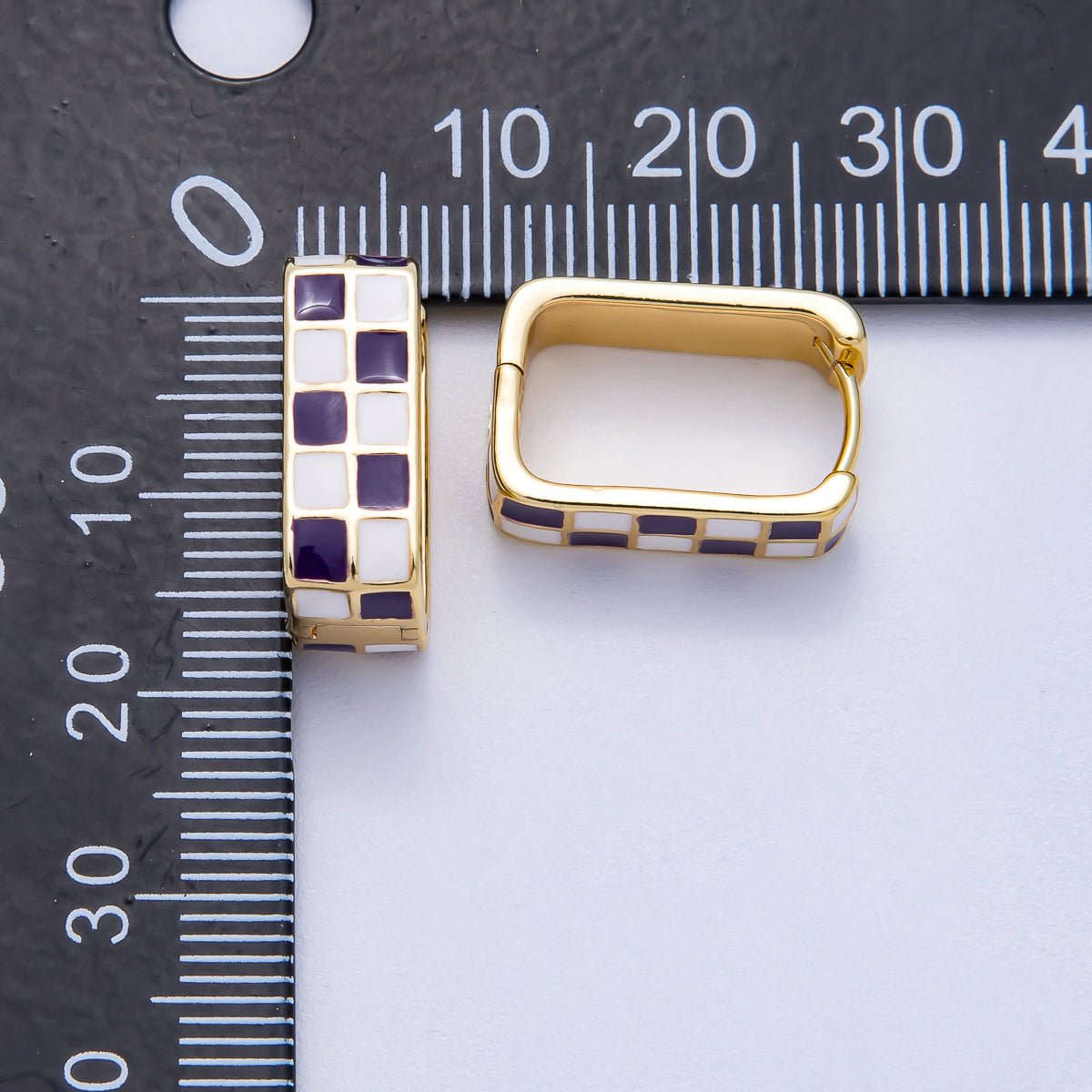 16K Gold Filled 18mm Checkered Enamel Square Huggie Earrings | Earrings-00309 ~ Earrings-00314