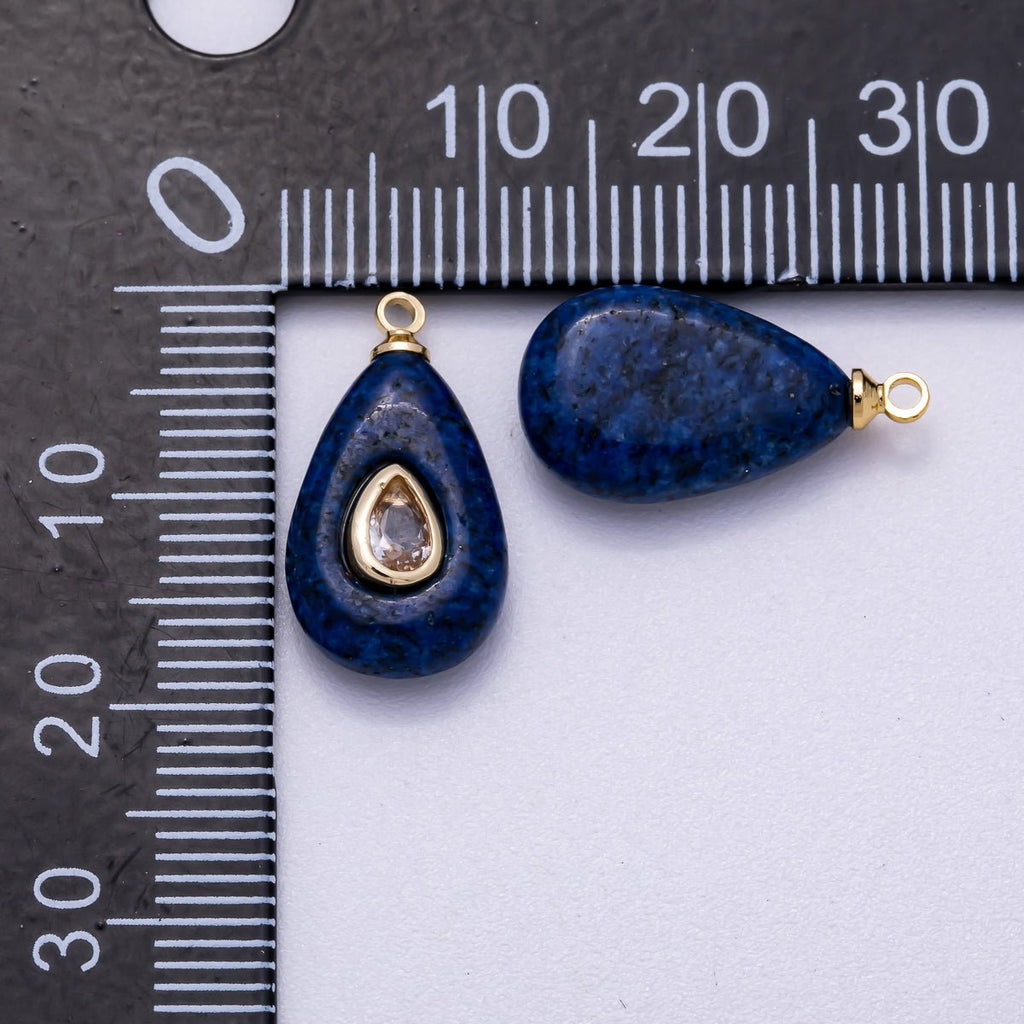 16K Gold Filled 18mm Clear CZ Embedded Blue Lapis Lazuli Teardrop Charm | Charms-00579
