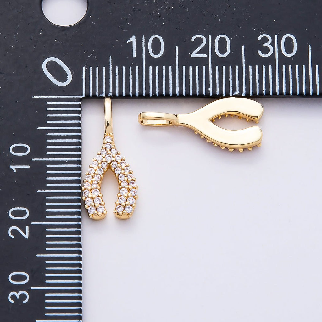 16K Gold Filled 18mm Clear Micro Paved CZ Wishbone Lucky Mini Pendant | Charms-00848